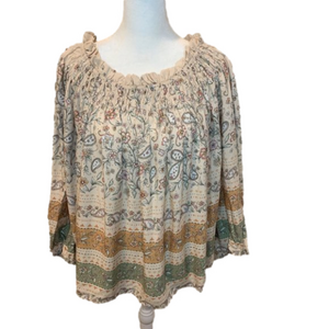 Ces Femme Bohemian blouse, Neutral colors Floral N Paisley w/off shoulder option